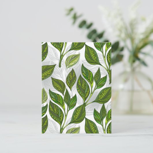 Invitation Carte Postale Motif sans couture avec Feuilles de thé vert (Debout devant)
