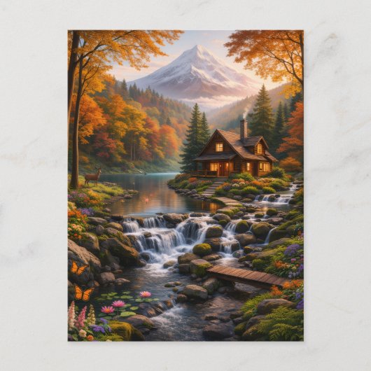 Invitation Carte Postale Mountain Cabin in Autumn Glow Serene Nature (Devant)