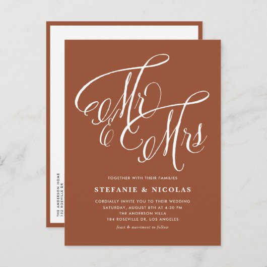 Invitation Carte Postale Mr & Mrs Rustic Script Terracotta QR Code Mariage (Devant / Derrière)