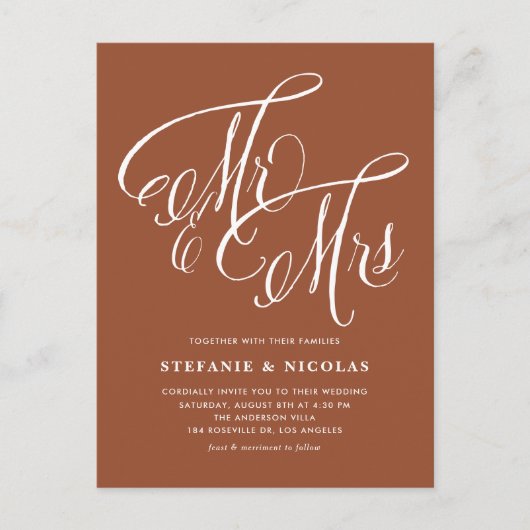 Invitation Carte Postale Mr & Mrs Rustic Script Terracotta QR Code Mariage (Devant)