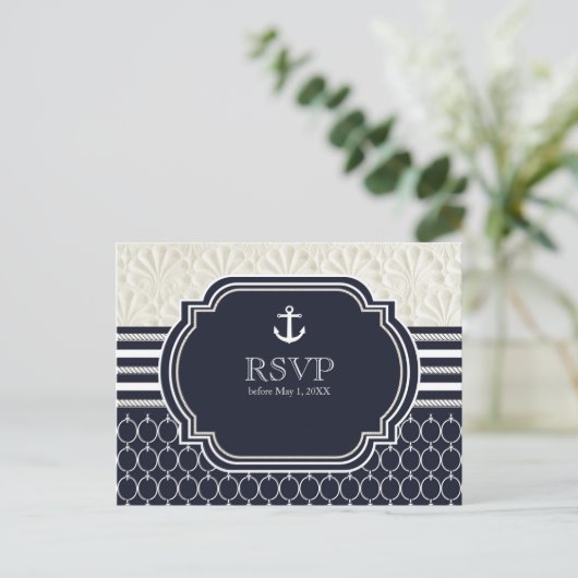Invitation Carte Postale Nautique Marine & White Elegant Beach Wedding RSVP (Debout devant)