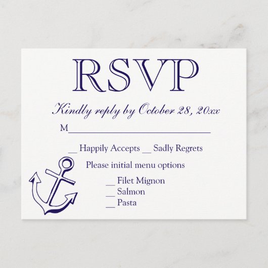 Invitation Carte Postale Nautique RSVP Marine Ancre bleue (Devant)