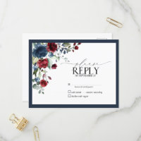 Navy Blue Bourgogne Floral Aquarelle Script RSVP