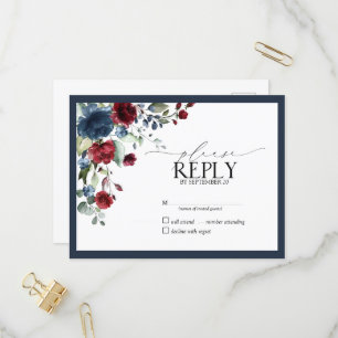 Invitation Carte Postale Navy Blue Bourgogne Floral Aquarelle Script RSVP