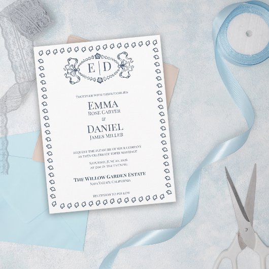 Invitation Carte Postale Navy Blue Heirloom Crest Monogram Formal Wedding