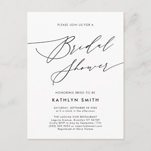 Invitation Carte Postale Neutre Blanc Élégant Script Fête des mariées moder (Devant)