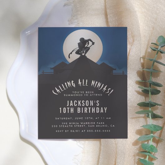 Invitation Carte Postale Ninja moderne sur le toit Silhouette fête d'annive