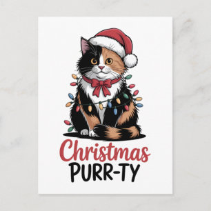 Invitation Carte Postale Noël Purr-ty Chat enveloppé dans Noël Xmas