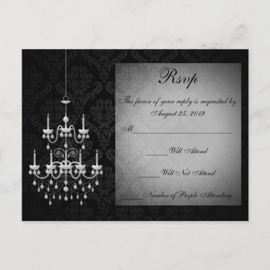 Invitation Carte Postale Noir avec silhouette de lustre blanc (Devant)