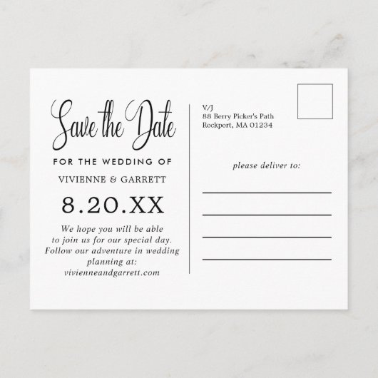 Invitation Carte Postale Noir & Blanc Calligraphie Mariage Enregistrer la d (Dos)