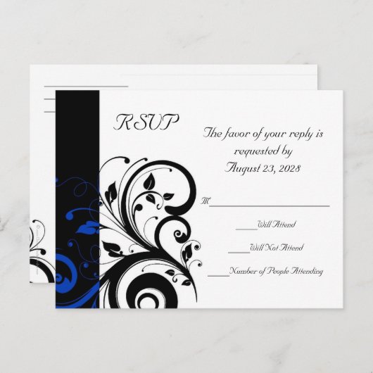 Invitation Carte Postale Noir/Blanc/Cobalt Bleu Gras Mariage (Devant / Derrière)