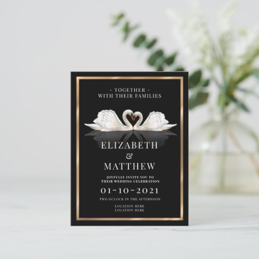 Invitation Carte Postale Noir, blanc et or avec Mariage Swans (Debout devant)