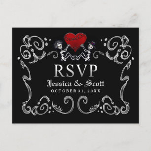 Invitation Carte Postale Noir Blanc Halloween Skeletons Mariage de coeur RS