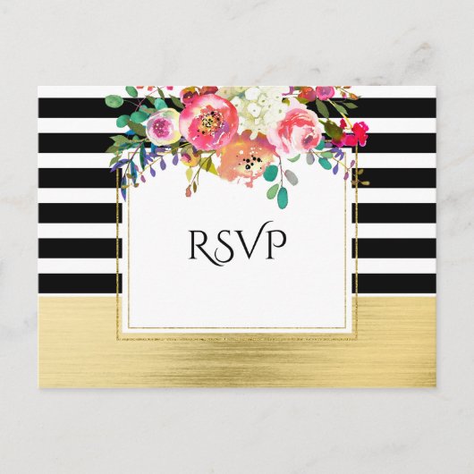Invitation Carte Postale Noir Blanc Or moderne flamme florale Mariage RSVP (Devant)