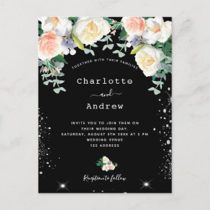 Invitation Carte Postale Noir blanc rose florale argent brillant mariage