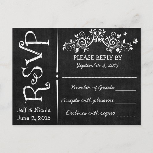 Invitation Carte Postale Noir Chalkboard Rustique Blanc Flourds Mariage (Devant)
