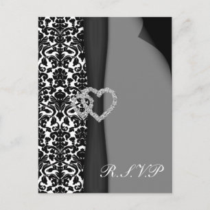 Invitation Carte Postale Noir et blanc Damas FAUX ruban diamant design