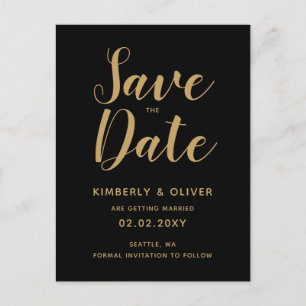 Invitation Carte Postale Noir et or Calligraphie mariage Enregistrer la dat
