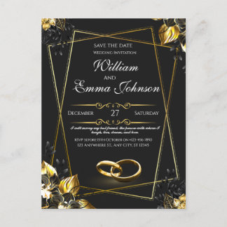 Invitation Carte Postale Noir et or mariage élégant