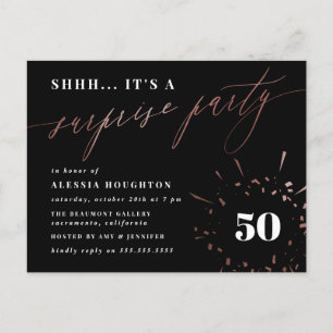 Invitation Carte Postale Noir et Rose Gold Calligraphie Surprise Party