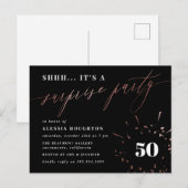 Invitation Carte Postale Noir et Rose Gold Calligraphie Surprise Party (Devant / Derrière)