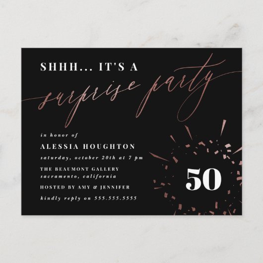 Invitation Carte Postale Noir et Rose Gold Calligraphie Surprise Party (Devant)