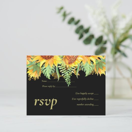 Invitation Carte Postale Noir frappant avec le budget Mariage des tournesol (Debout devant)