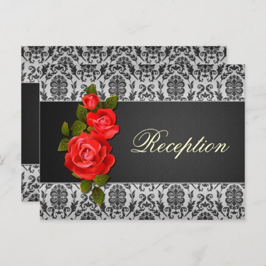 Invitation Carte Postale Noir gris damas, roses rouges Mariage Réception (Devant / Derrière)