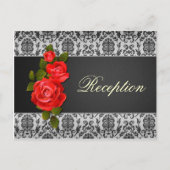 Invitation Carte Postale Noir gris damas, roses rouges Mariage Réception (Devant)