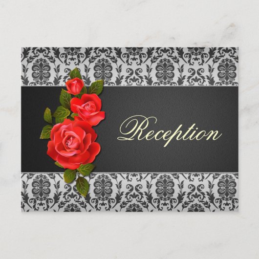 Invitation Carte Postale Noir gris damas, roses rouges Mariage Réception (Devant)