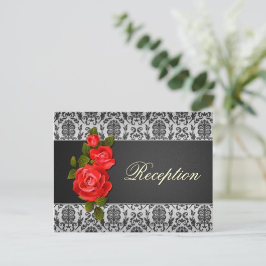 Invitation Carte Postale Noir gris damas, roses rouges Mariage Réception (Debout devant)