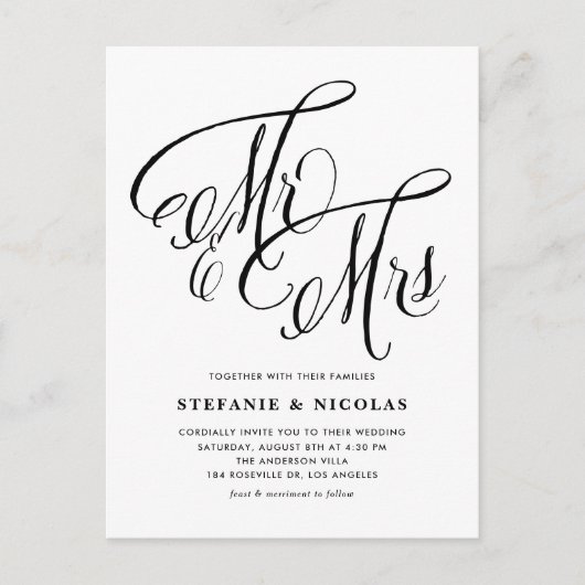 Invitation Carte Postale Noir M et Mme Rustic Script QR Code Mariage (Devant)