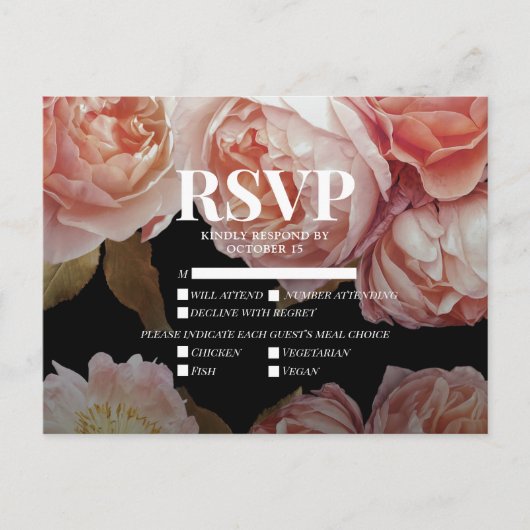 Invitation Carte Postale Noir Moody Blush Rose Choix de repas Mariage RSVP (Devant)