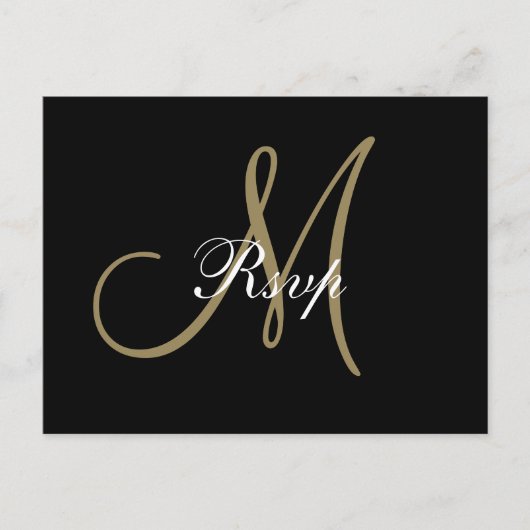 Invitation Carte Postale Noir Or Script minimum Monogramme Mariage RSVP (Devant)
