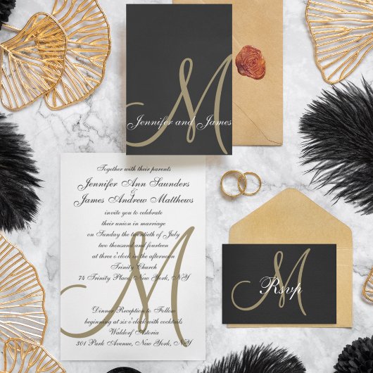 Invitation Carte Postale Noir Or Script minimum Monogramme Mariage RSVP