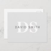 Invitation Carte Postale Nom et monogramme modernes | Blanc gris clair et f (Devant / Derrière)