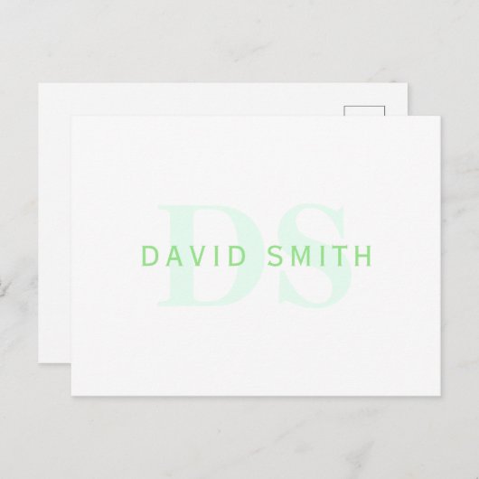 Invitation Carte Postale Nom et monogramme modernes | Vert et blanc (Devant / Derrière)