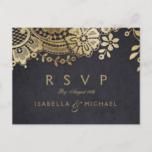 Invitation Carte Postale Noor noir élégant mariage en dentelle vintage RSVP