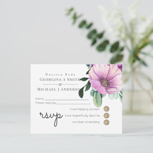 Invitation Carte Postale Notre Mariage RSVP Mariage Espagnol Fleurs Violett (Debout devant)