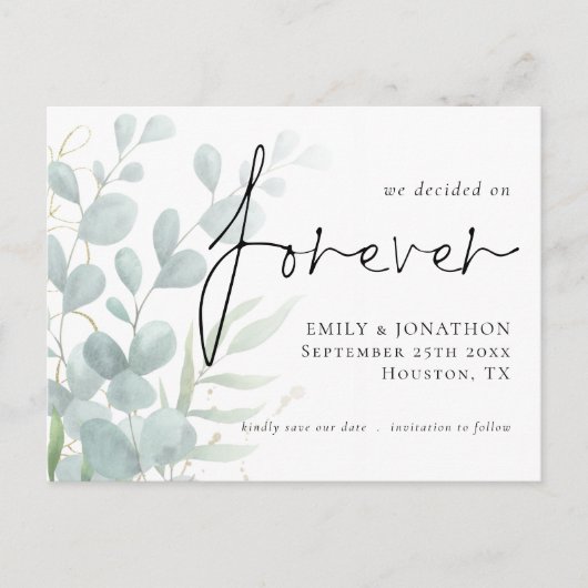 Invitation Carte Postale Nous avons décidé sur Forever Eucalyptus Enregistr (Devant)
