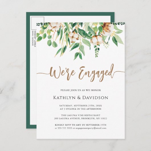 Invitation Carte Postale Nous sommes engagés Eucalyptus Floral Simple Fianç (Devant / Derrière)