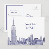 Invitation Carte Postale NYC Skyline 01 Etched White RSVP 1Blue (Devant / Derrière)