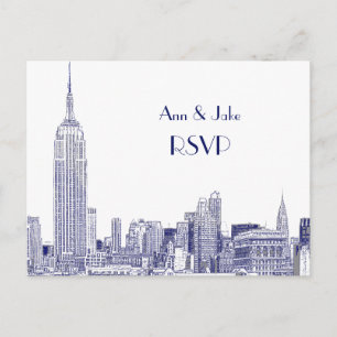 Invitation Carte Postale NYC Skyline 01 Gravé Blanc RSVP 1Bleu