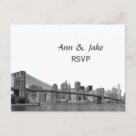 Invitation Carte Postale NYC Skyline Bklyn Bridge Etched #2H RSVP (Devant)