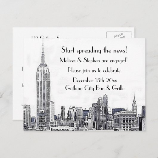 Invitation Carte Postale NYC Skyline Etched 01 Engagement Party (Devant / Derrière)