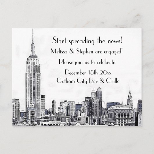 Invitation Carte Postale NYC Skyline Etched 01 Engagement Party (Devant)