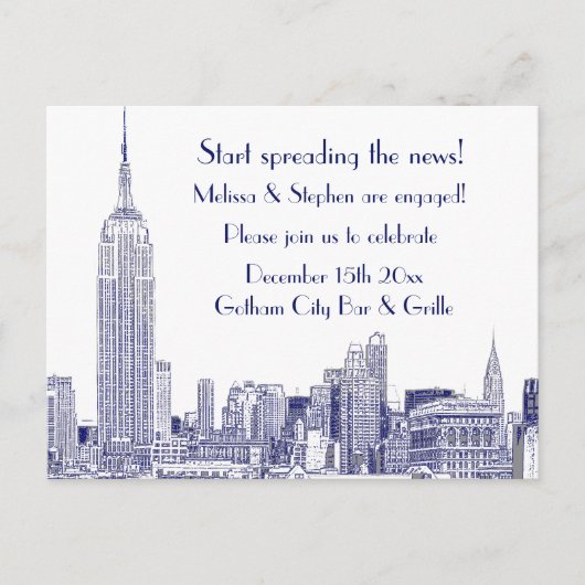 Invitation Carte Postale NYC Skyline Etched 01 Engagement Party Blue (Devant)
