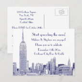 Invitation Carte Postale NYC Skyline Etched 01 Engagement Party Blue (Devant / Derrière)