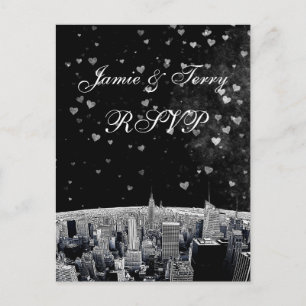 Invitation Carte Postale NYC Skyline Etched #2 Black White Heart RSVP 1