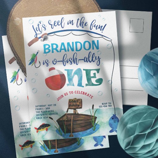 Invitation Carte Postale O-fish-Ally, Petit Pêcheur, Pêche 1er Anniversaire